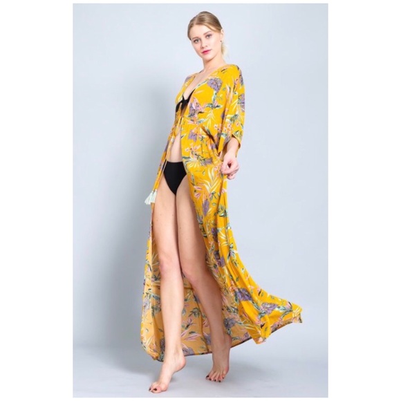 Mustard Floral Maxi Kimono Coverup Wrap Duster - Picture 6 of 8